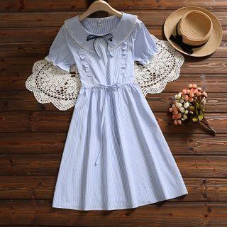 Short-sleeve Ruffled Striped A-line Dress