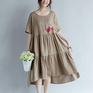 Rose Embroidered Short-sleeve Midi Dress