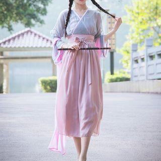 Hanfu Set: Mock Two-piece Long-sleeve Midi Dress + Slipdress + Scarf