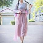 Hanfu Set: Mock Two-piece Long-sleeve Midi Dress + Slipdress + Scarf