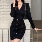 Long-sleeve V-neck Plain Slim Fit Dress