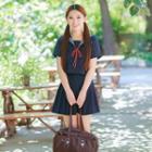 Plain Cardigan / Sailor Collar Short-sleeve Blouse + Pleated Skirt