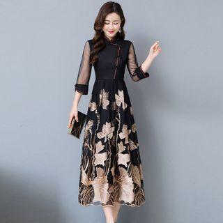 3/4-sleeve Mandarin Collar Floral Midi A-line Dress