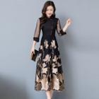 3/4-sleeve Mandarin Collar Floral Midi A-line Dress