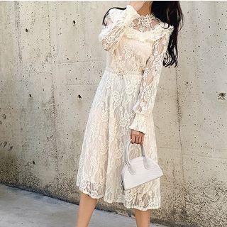 Long-sleeve Belted Midi A-line Lace Dress