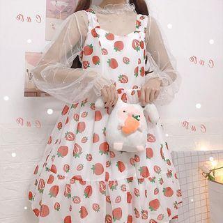 Faux Pearl Long-sleeve Mesh Top / Strawberry Print A-line Pinafore Dress
