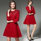 Gathered-waist Long-sleeved Crewneck A-line Sheath Cutout Plain Slim Dress