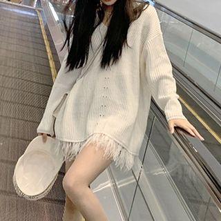 Fringed-hem V-neck Sweater Off-white - One Size