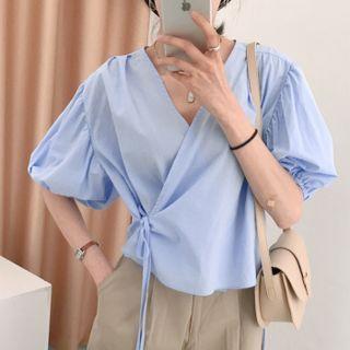 V Neck Plain Puff Short Sleeve Crop Shirt