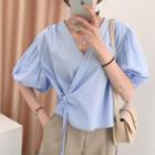 V Neck Plain Puff Short Sleeve Crop Shirt
