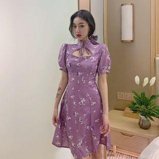 Floral Print Short-sleeve Slim-fit Dress