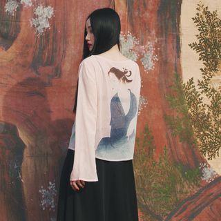 Long-sleeve Printed Sheer Top As Shown In Figure - One Size