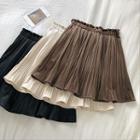Plain High-waist Velvet Ruffled-trim Pleated Skirt