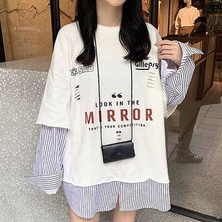 Mock Two-piece Lettering Ripped Shirt