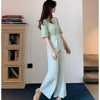 Elbow-sleeve Top / Plaid Wide Leg Pants