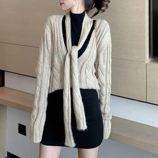 V-neck Lace-up Cable-knit Sweater