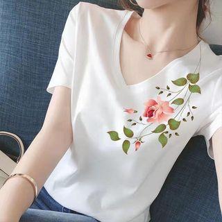 Short-sleeve V-neck Flower Print T-shirt