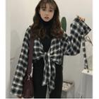 Plaid Bow Mock Two-piece Long-sleeve Blouse