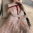 Off-shoulder Mesh Chiffon Dress Pink - One Size