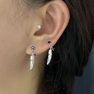 Rhinestone Feather Drop Earring 1 Pc - Silver & Black - One Size