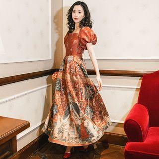 Puff-sleeve Pattern Printed Midi A-line Dress