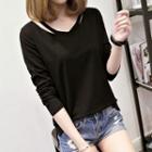 Long-sleeve Cutout Plain T-shirt