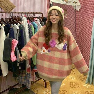 Round Neck Gingham Sweatshirt Pink - One Size