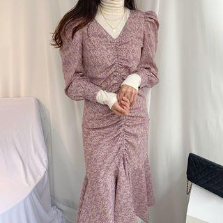 Floral Long-sleeve Midi Sheath Dress As Shown In Figure - One Size
