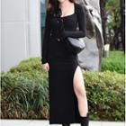 Long-sleeve Slit-hem Knit A-line Midi Dress