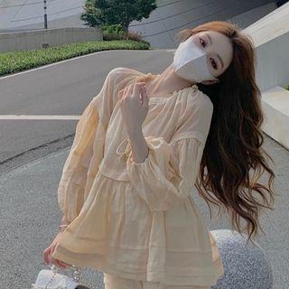 Puff-sleeve Shirred Blouse Beige - One Size
