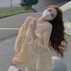 Puff-sleeve Shirred Blouse Beige - One Size
