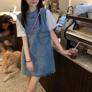Sleeveless Denim Mini A-line Dress Denim Blue - One Size