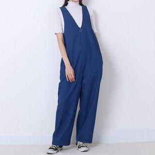 Sleeveless V-neck Zip Panel Denim Jumper Pants