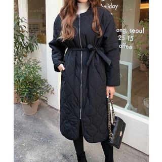 Round-neck Quilted Coat With Sash