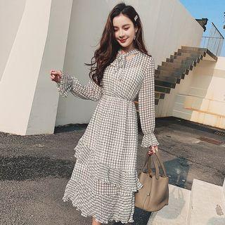 Bell-sleeve Plaid Midi A-line Dress
