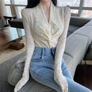 Lace Cutout V-neck Long-sleeve Top