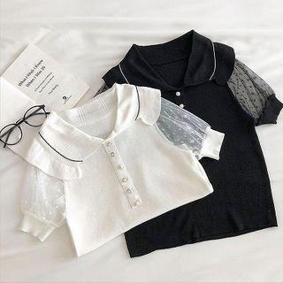 Peter-pan Collar Panel Puff-sleeve Knit Top