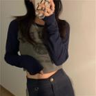 Long-sleeve Lettering Raglan Cropped T-shirt Gray & Purple - One Size