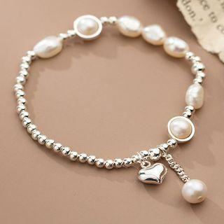 Heart Faux Pearl Sterling Silver Bracelet 1 Pc - Silver & Off-white - One Size