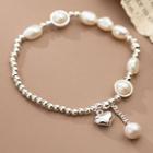 Heart Faux Pearl Sterling Silver Bracelet 1 Pc - Silver & Off-white - One Size