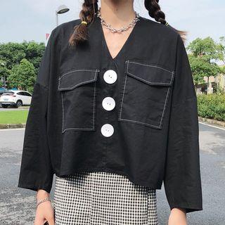 V-neck Pocketed Blouse Black - One Size