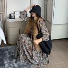 Floral Long-sleeve Dress / Faux-fur Vest