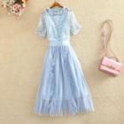 Set: Plain Camisole Top + Embroidered Short-sleeve Top + Midi Mesh Skirt