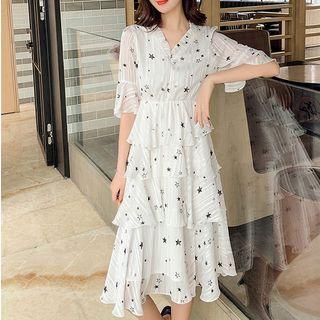 Elbow-sleeve Star Print Tiered A-line Dress