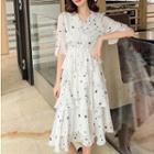 Elbow-sleeve Star Print Tiered A-line Dress