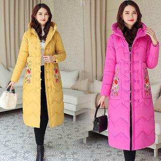 Flower Embroidered Frog-button Hooded Padded Midi Coat