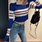 Cropped Striped Long-sleeve Knit Top Blue - One Size