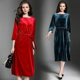 3/4-sleeve Plain Midi Dress