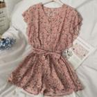 Ruffled-trim Floral Playsuit With Sash In 8 Colors