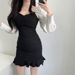 Long-sleeve Two-tone Mini Mermaid Dress
